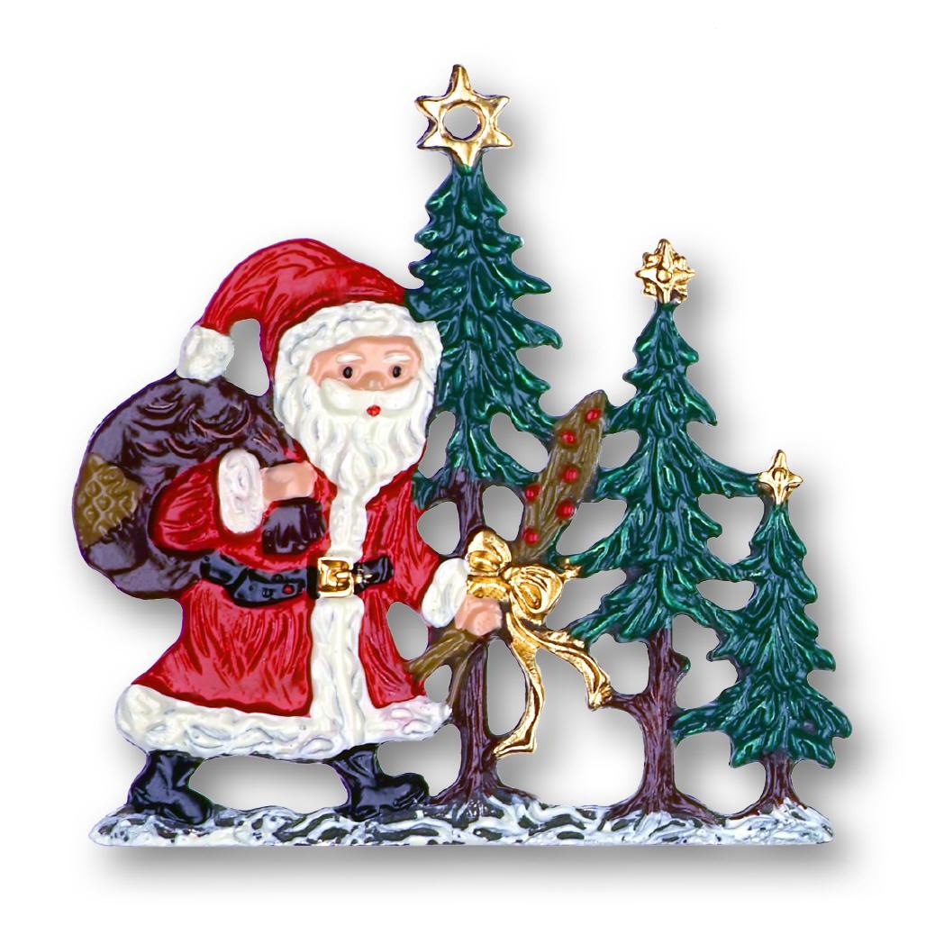 Zinnfigur Weihnachtsmann mit 3 Christb&auml;umen