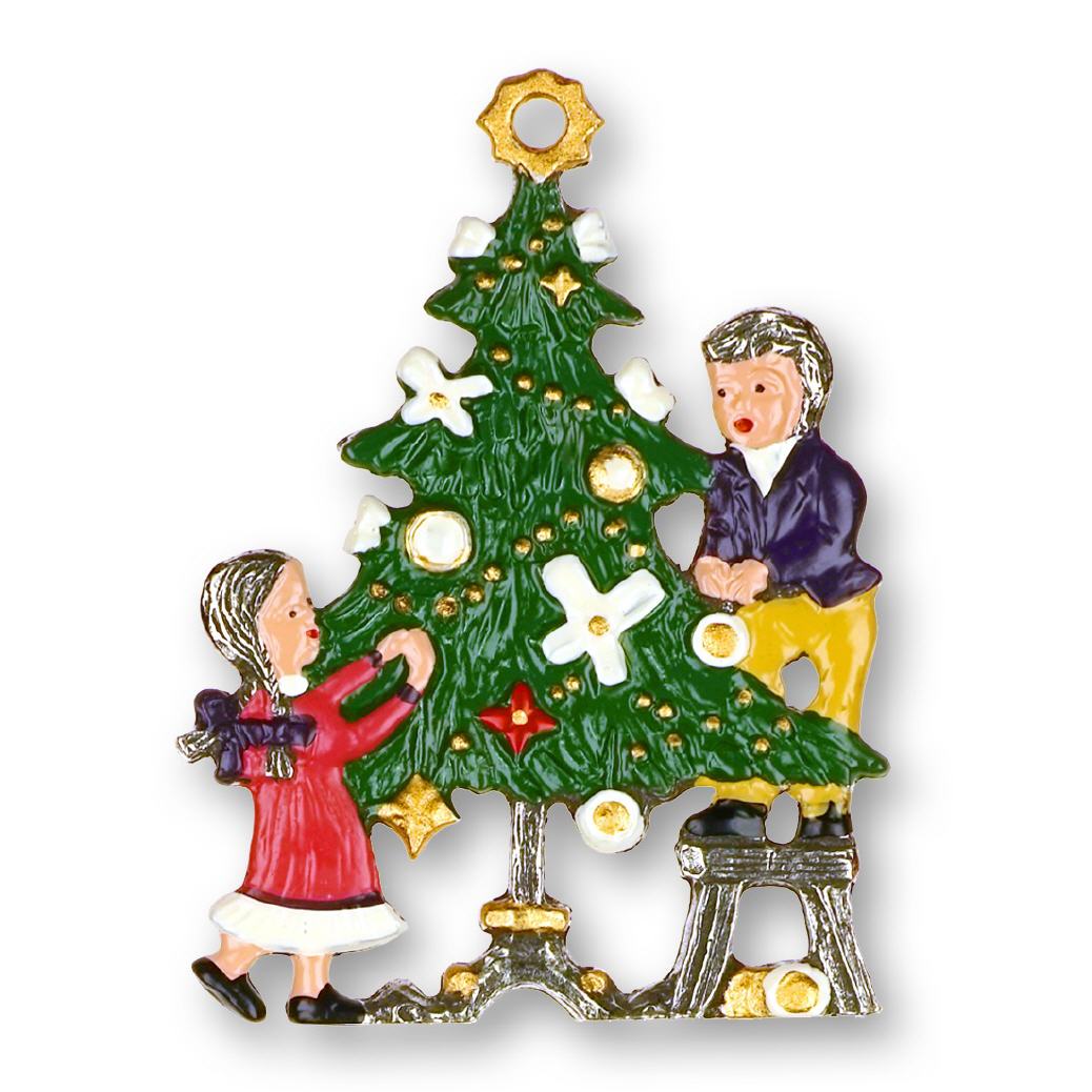 Zinnfigur Kinder schm&uuml;cken Christbaum